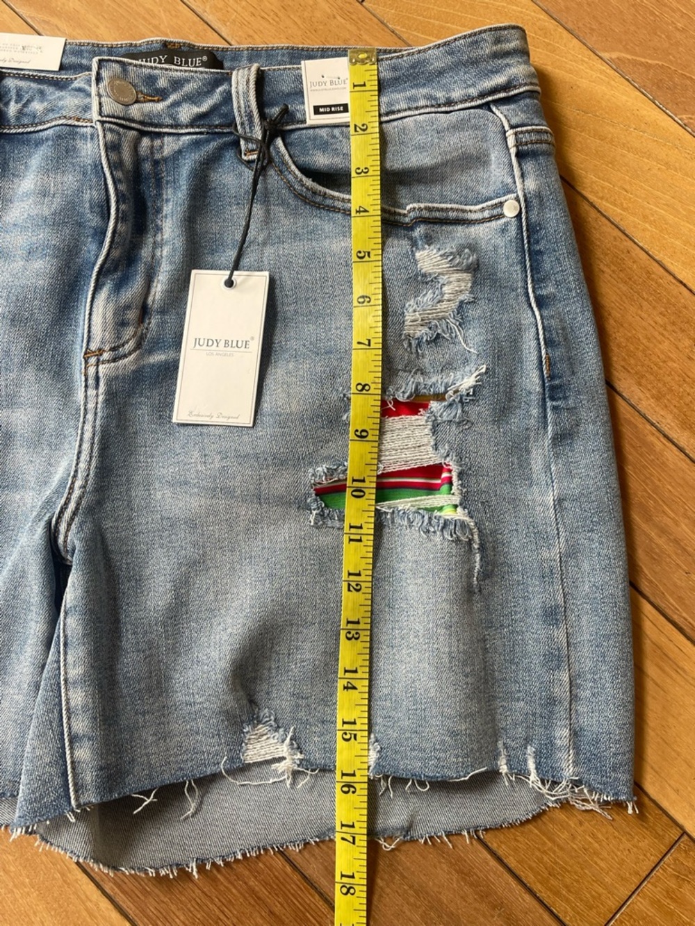 Judy Blue Plus Sz 2XL Serape Patch Distressed Denim Shorts Mid Rise Raw Hem NWT - Picture 8 of 14